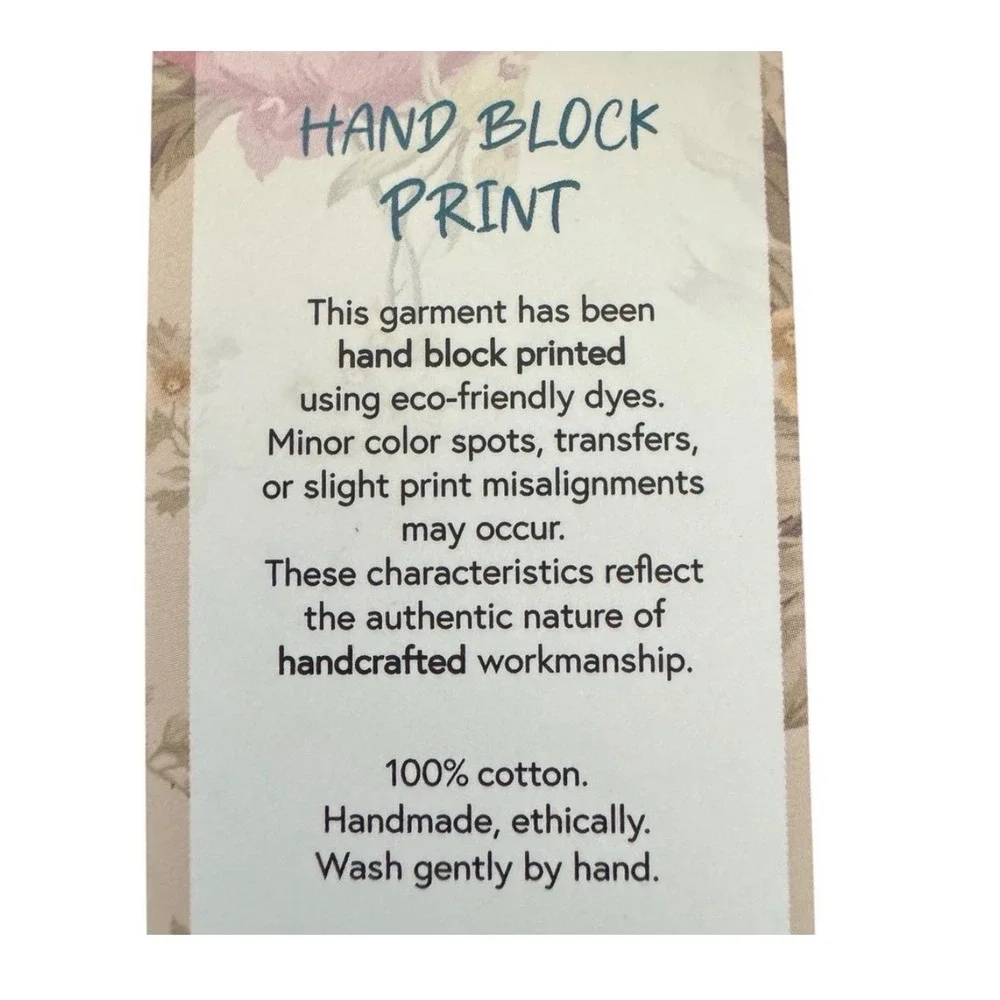 POL Hand Block Print Quilted Tote Bag Floral Cotton Cream Pink Green SMQE18 NEW - Picture 3 of 6